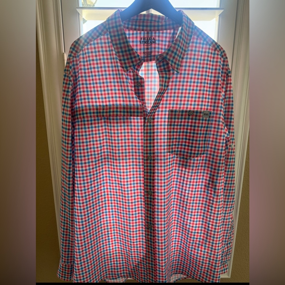 Field & Stream Men’s Performance Fishing Shirt XL — Red, Blue & White Check